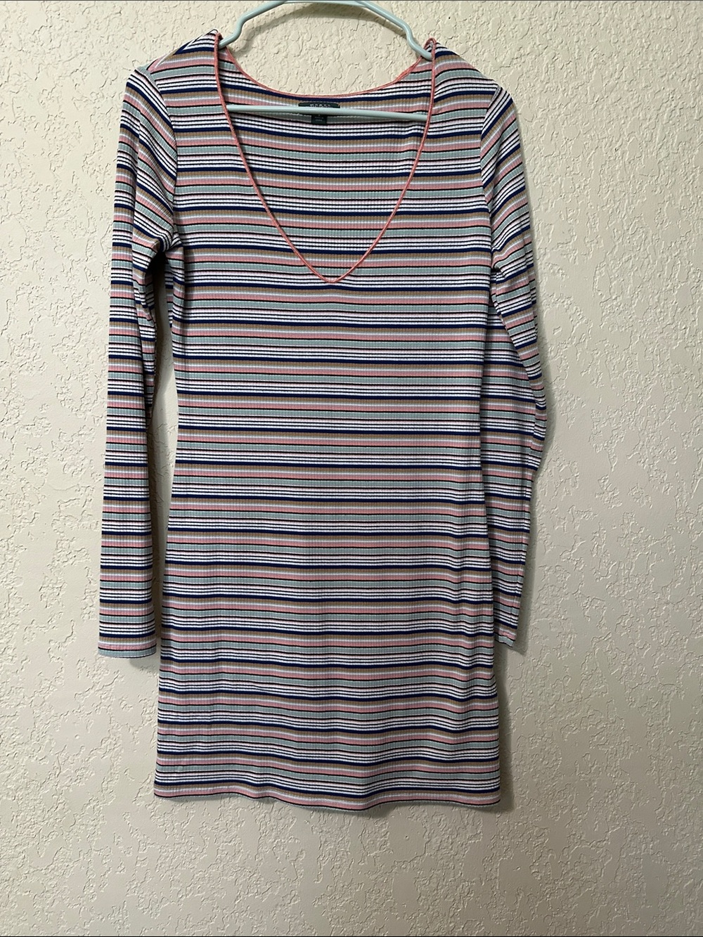 wild fable Striped Long-Sleeve V-Neck Dress in Navy, Pink, Cream S